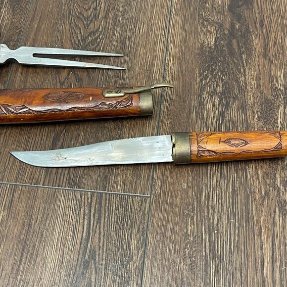 Vintage Mid 20th c. Wood Sheath Carved Pistol Shaped Knife & Fork Set (Indian) - Picture 9 of 13